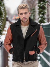 Men's Faux Leather Jacket with Wool Patchwork Lapels